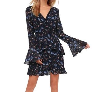 Lulus Bravissima Floral Print Flounce Sleeve Ruffled Dress Navy Blue Size Large